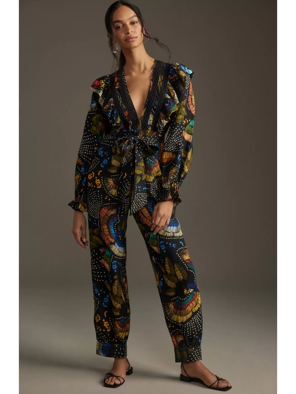 FARM Rio x Anthropologie Black Motif Ruffle V Neck Jumpsuit L Floral NWT